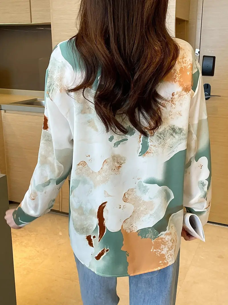 Contrast Colors Clouds Print Satin Shirt Soft Silky Blouse
