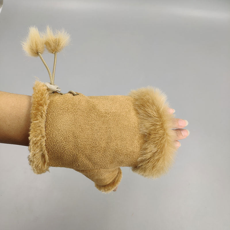 Winter Fingerless Suede Faux Fur Gloves Mittens Soft Warm Fleece Lined UK