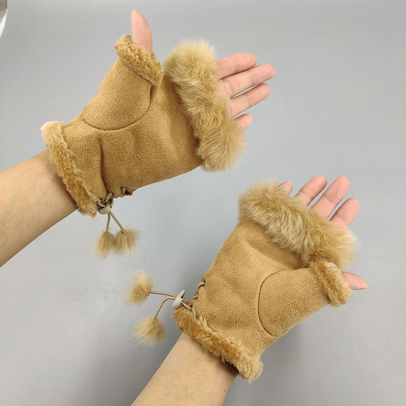 Winter Fingerless Suede Faux Fur Gloves Mittens Soft Warm Fleece Lined UK