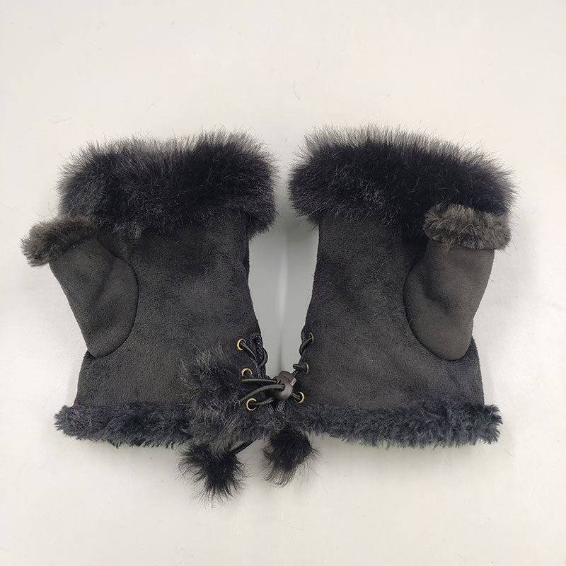 Winter Fingerless Suede Faux Fur Gloves Mittens Soft Warm Fleece Lined UK