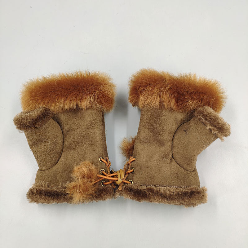 Winter Fingerless Suede Faux Fur Gloves Mittens Soft Warm Fleece Lined UK