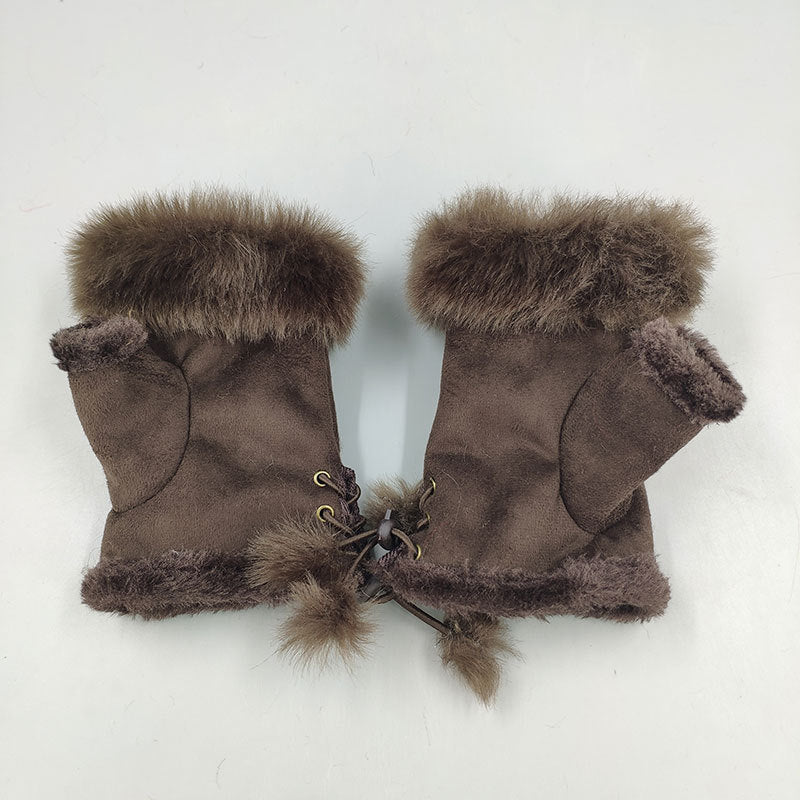 Winter Fingerless Suede Faux Fur Gloves Mittens Soft Warm Fleece Lined UK