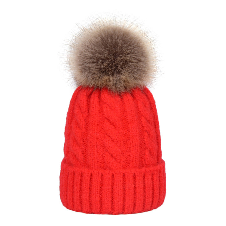 Womens Kids Ladies Knitted Winter Beanie Hat Large Faux Fur Detachable Pom pom