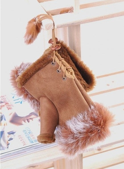 Women Winter Fingerless Suede Fur Gloves Mittens Soft Warm Fleece Lined UK