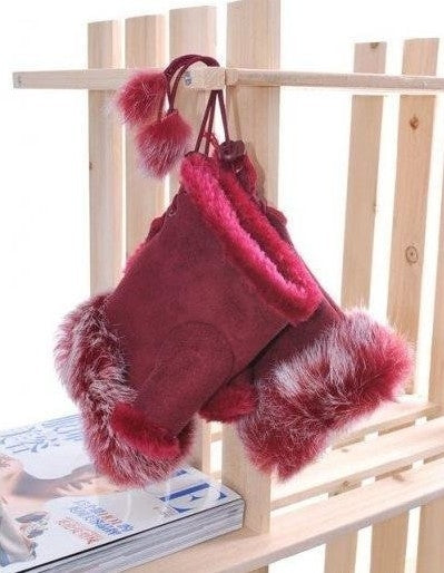 Women Winter Fingerless Suede Fur Gloves Mittens Soft Warm Fleece Lined UK