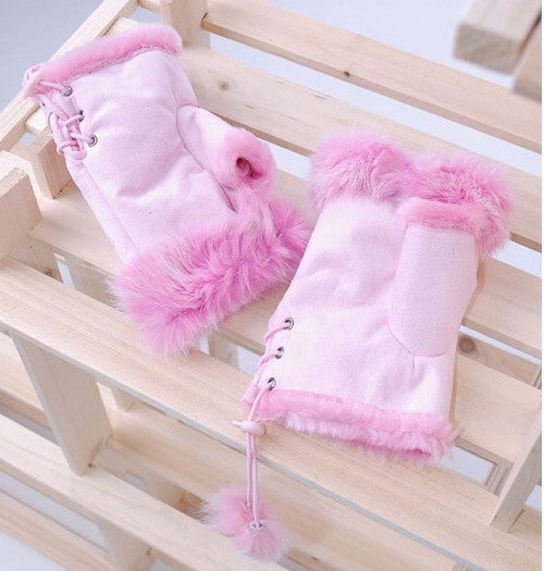 Women Winter Fingerless Suede Fur Gloves Mittens Soft Warm Fleece Lined UK