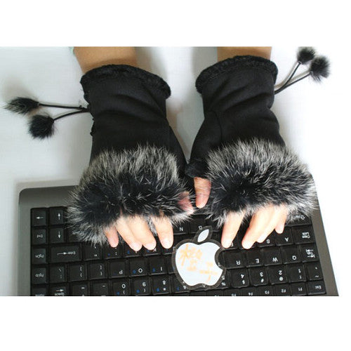 Women Winter Fingerless Suede Fur Gloves Mittens Soft Warm Fleece Lined UK