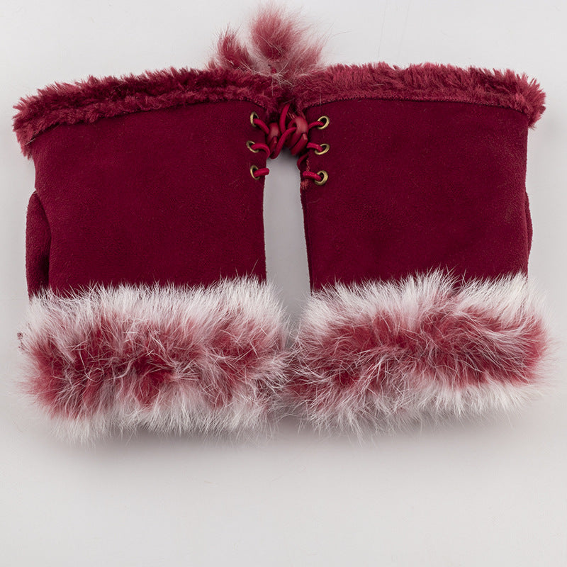 Women Winter Fingerless Suede Fur Gloves Mittens Soft Warm Fleece Lined UK