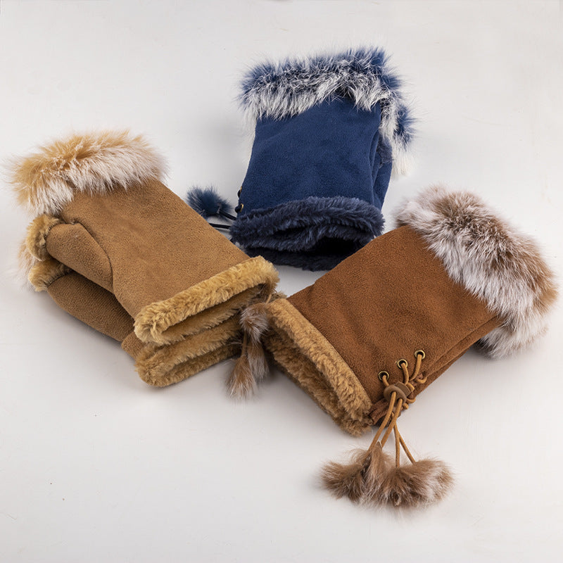 Women Winter Fingerless Suede Fur Gloves Mittens Soft Warm Fleece Lined UK