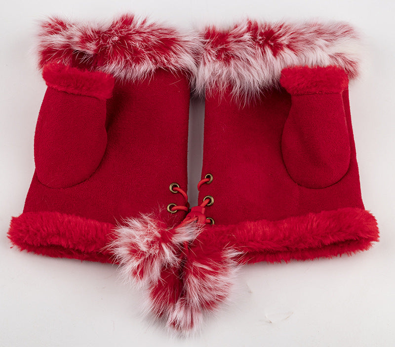 Women Winter Fingerless Suede Fur Gloves Mittens Soft Warm Fleece Lined UK