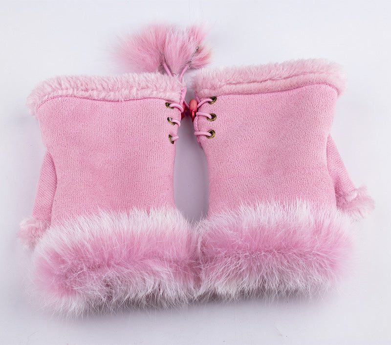 Women Winter Fingerless Suede Fur Gloves Mittens Soft Warm Fleece Lined UK