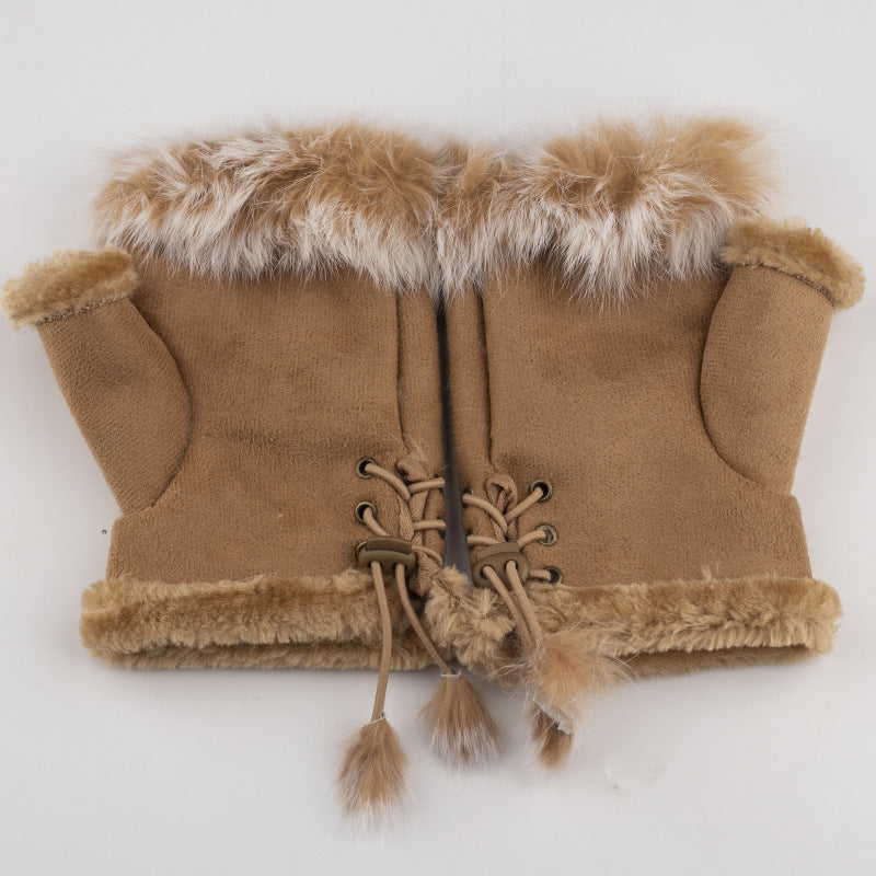 Women Winter Fingerless Suede Fur Gloves Mittens Soft Warm Fleece Lined UK