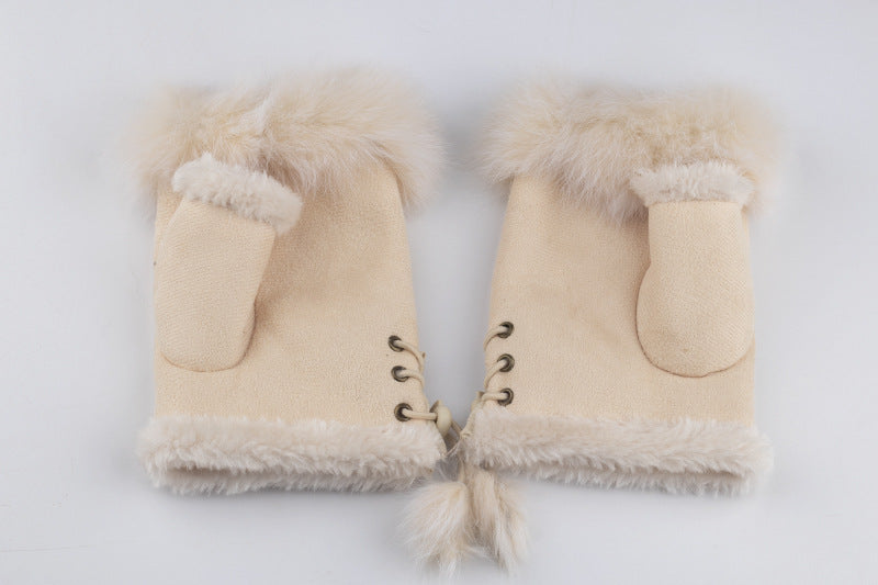 Women Winter Fingerless Suede Fur Gloves Mittens Soft Warm Fleece Lined UK