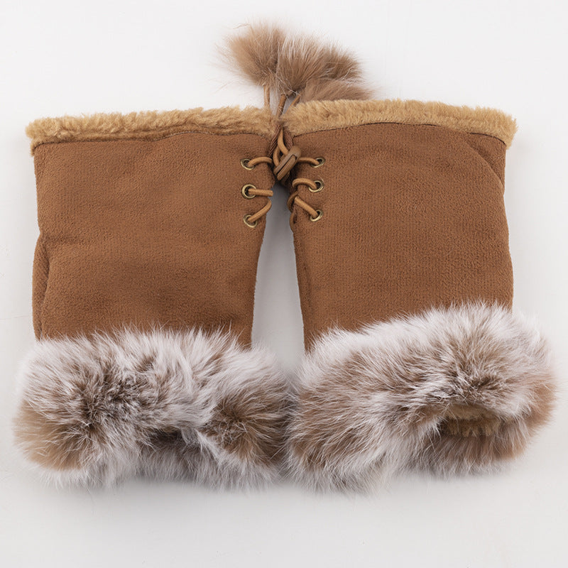 Women Winter Fingerless Suede Fur Gloves Mittens Soft Warm Fleece Lined UK
