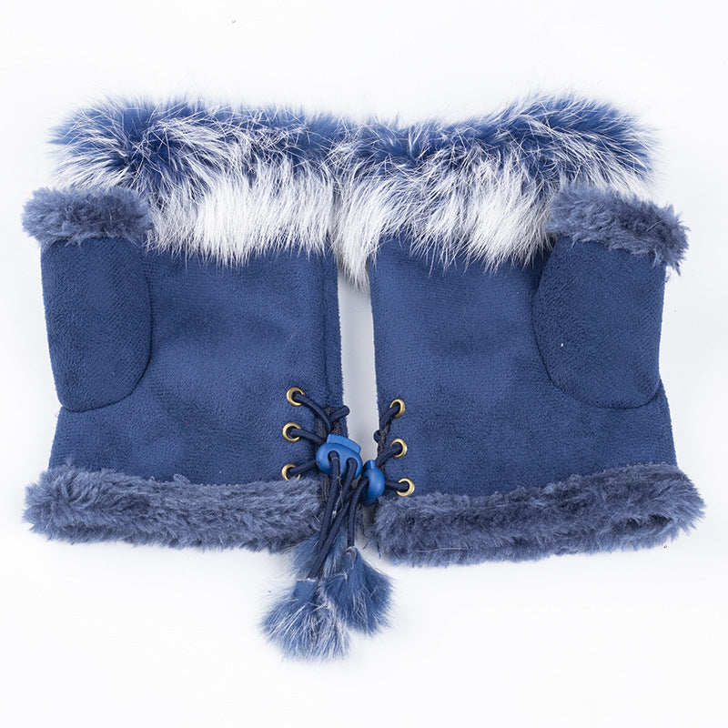 Women Winter Fingerless Suede Fur Gloves Mittens Soft Warm Fleece Lined UK