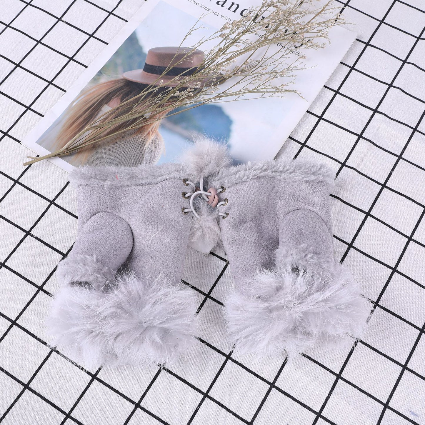 Women Winter Fingerless Suede Fur Gloves Mittens Soft Warm Fleece Lined UK