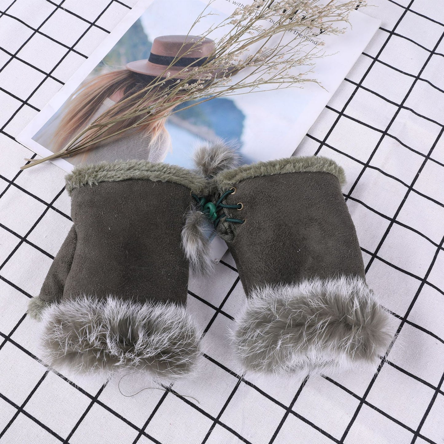Women Winter Fingerless Suede Fur Gloves Mittens Soft Warm Fleece Lined UK