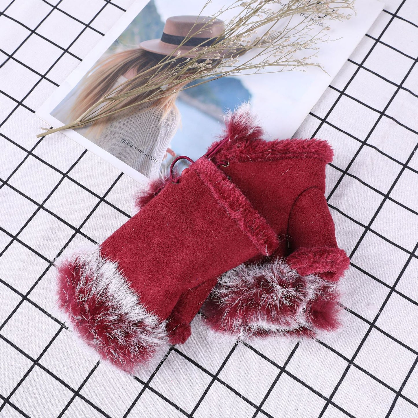 Women Winter Fingerless Suede Fur Gloves Mittens Soft Warm Fleece Lined UK