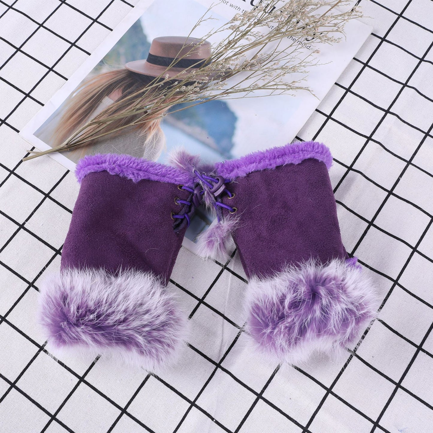 Women Winter Fingerless Suede Fur Gloves Mittens Soft Warm Fleece Lined UK