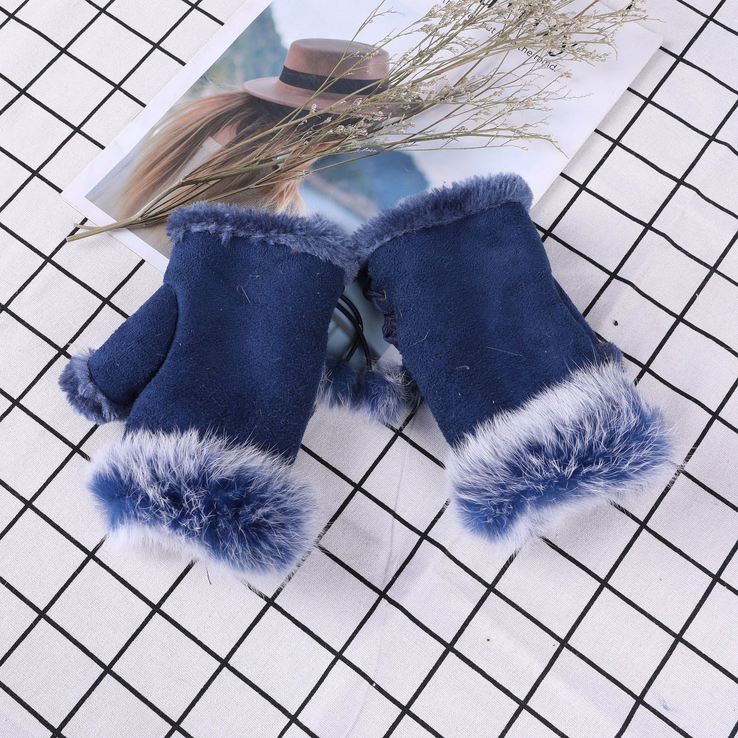 Women Winter Fingerless Suede Fur Gloves Mittens Soft Warm Fleece Lined UK