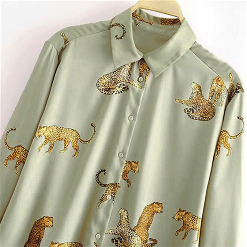 Silky Leopard Tiger Green Animal Print Satin Shirt Soft Silky Animal Print UK