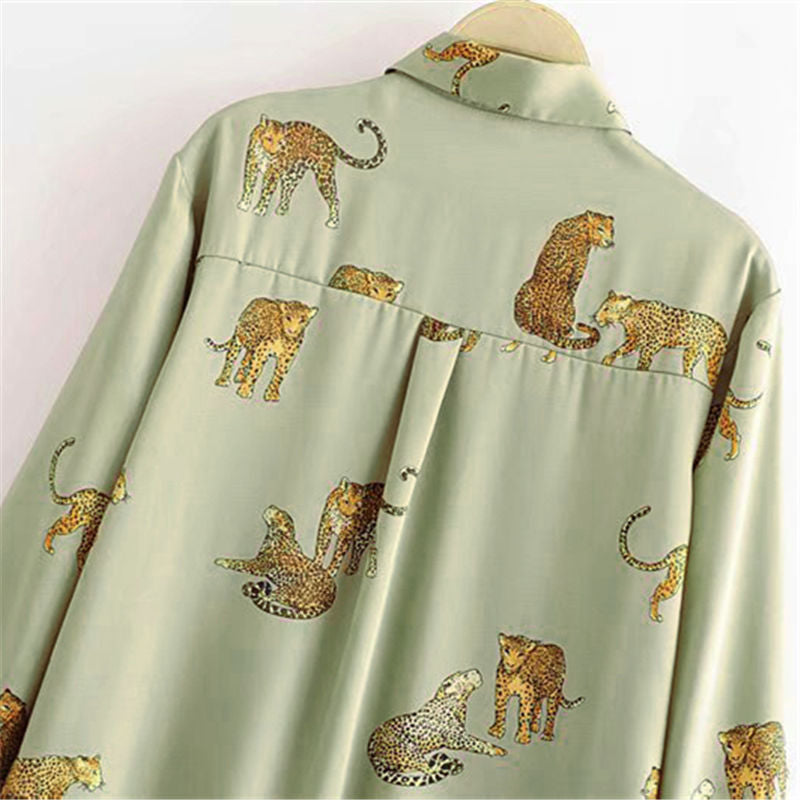 Silky Leopard Tiger Green Animal Print Satin Shirt Soft Silky Animal Print UK