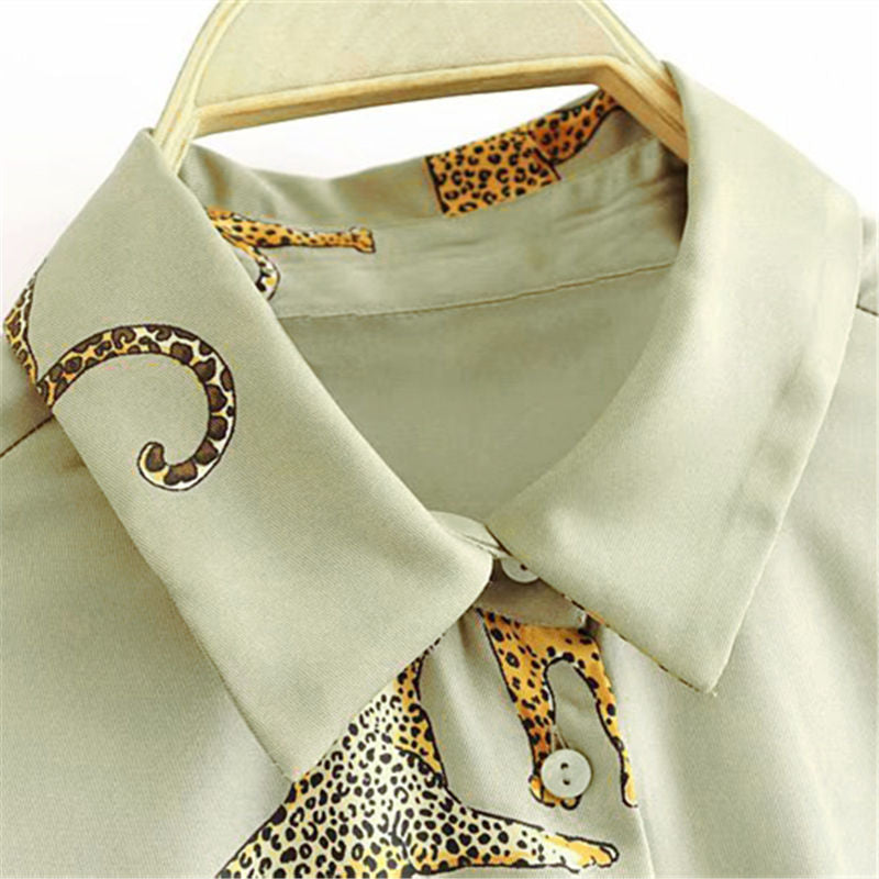 Silky Leopard Tiger Green Animal Print Satin Shirt Soft Silky Animal Print UK