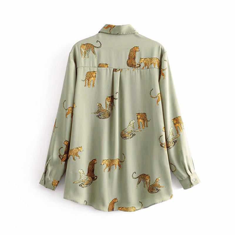 Silky Leopard Tiger Green Animal Print Satin Shirt Soft Silky Animal Print UK