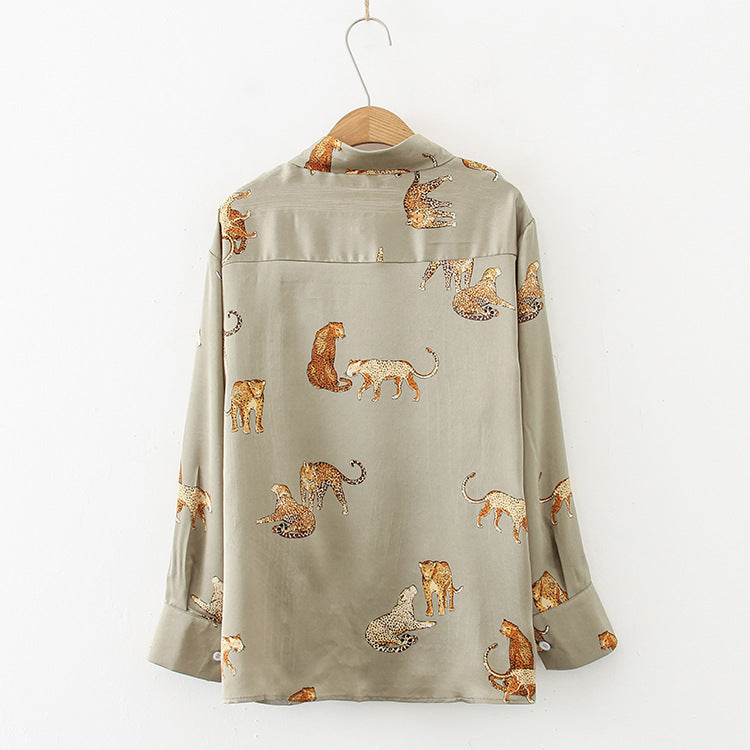 Silky Leopard Tiger Green Animal Print Satin Shirt Soft Silky Animal Print UK