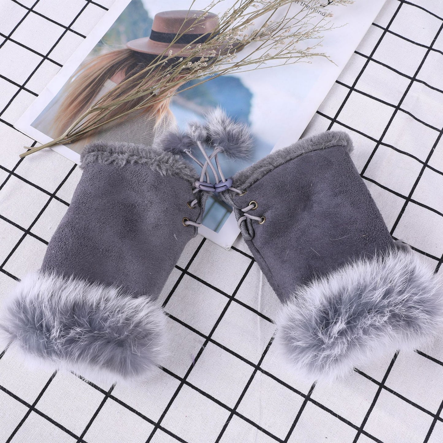 Women Winter Fingerless Suede Fur Gloves Mittens Soft Warm Fleece Lined UK