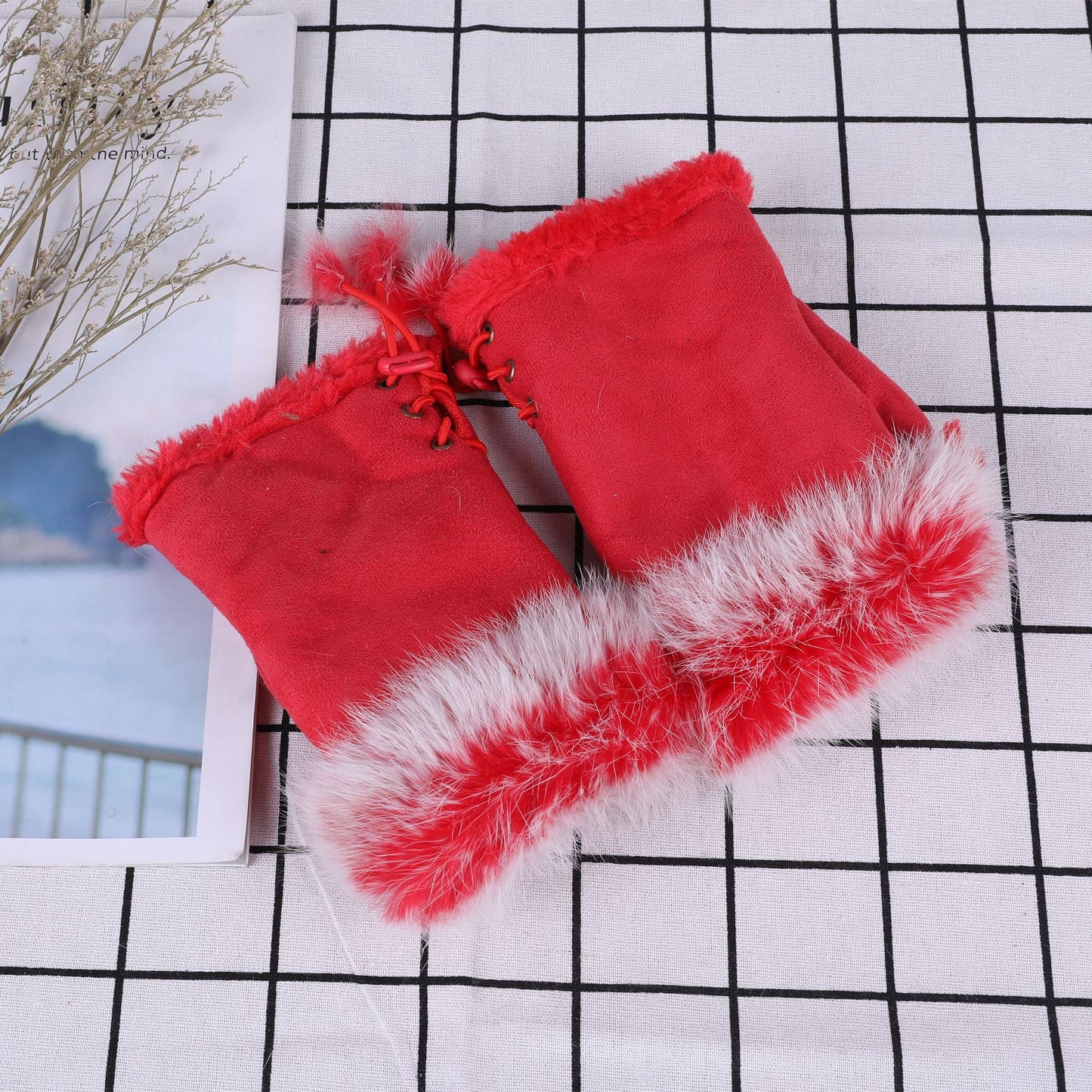 Women Winter Fingerless Suede Fur Gloves Mittens Soft Warm Fleece Lined UK