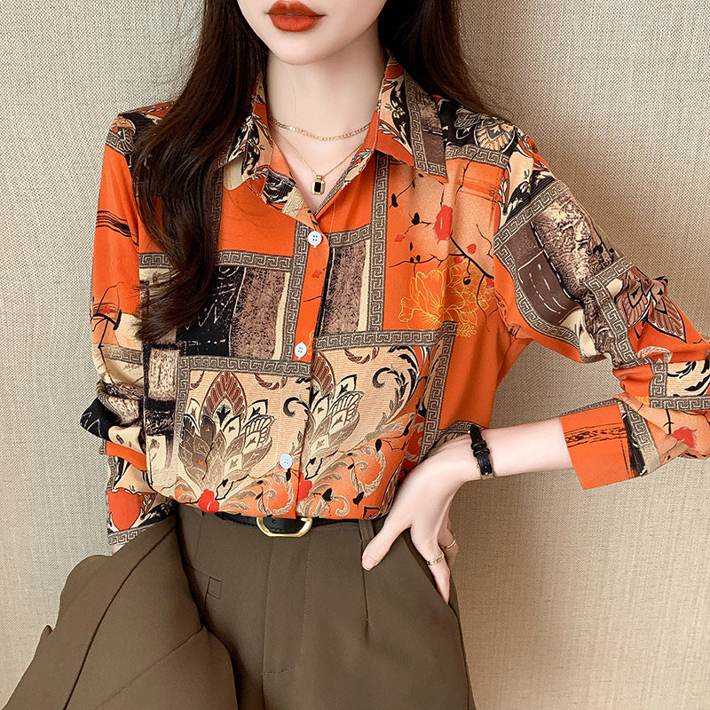 Orange Floral Vintage Prints Satin Soft Silky Shirt