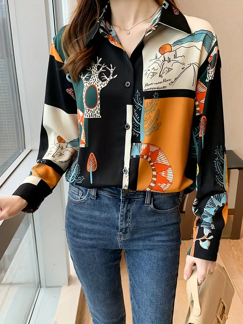 Trees Contrast Colors Vintage Style Satin Soft Silky Shirt