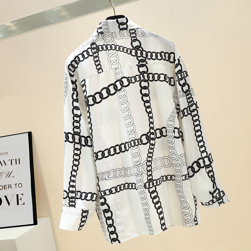 Black Chain Vintage Style Print Satin Shirt Soft Silky Shirt