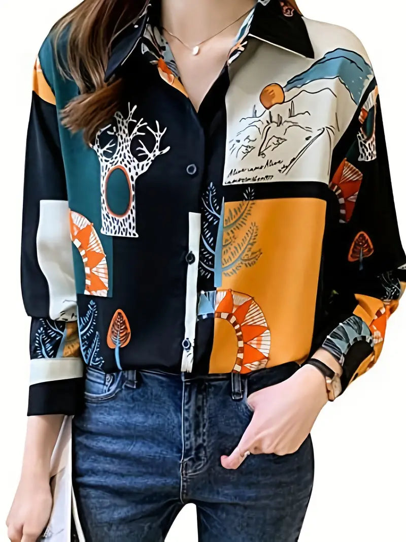 Trees Contrast Colors Vintage Style Satin Soft Silky Shirt
