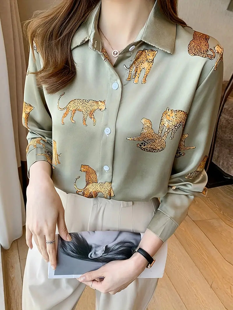 Silky Leopard Tiger Green Animal Print Satin Shirt Soft Silky Animal Print UK
