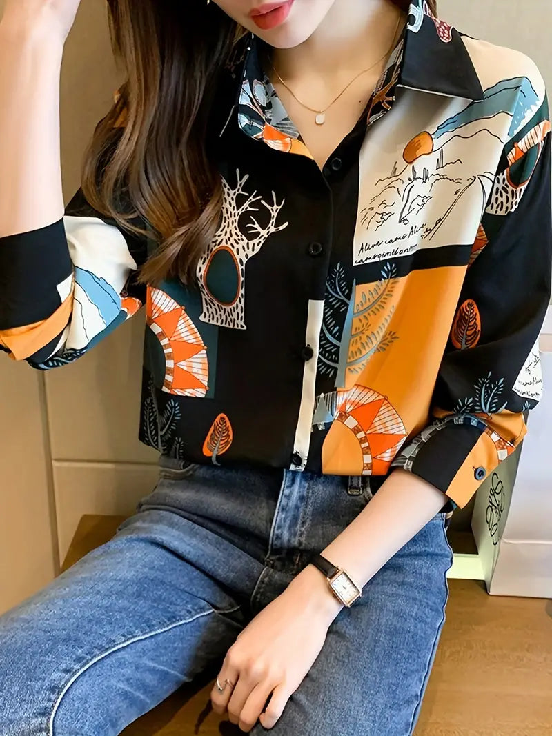 Trees Contrast Colors Vintage Style Satin Soft Silky Shirt
