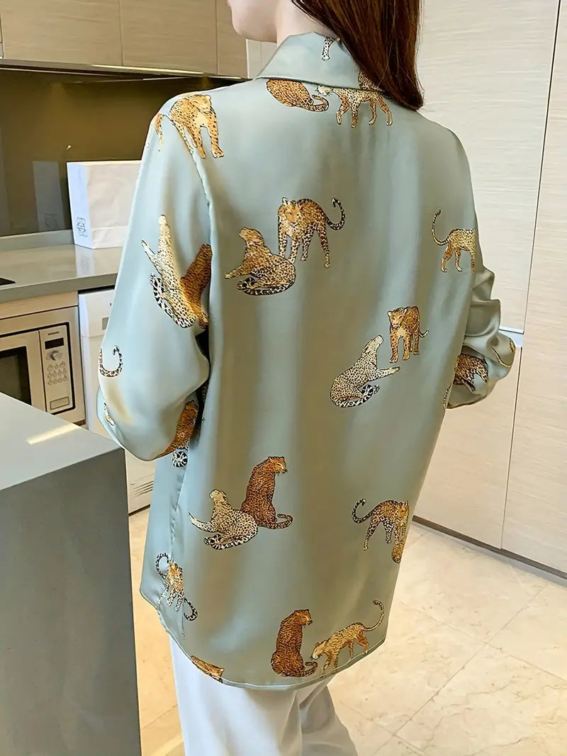 Silky Leopard Tiger Green Animal Print Satin Shirt Soft Silky Animal Print UK