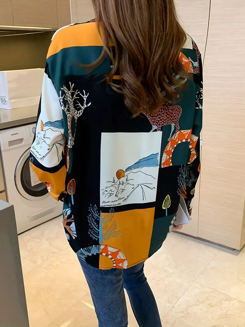 Trees Contrast Colors Vintage Style Satin Soft Silky Shirt