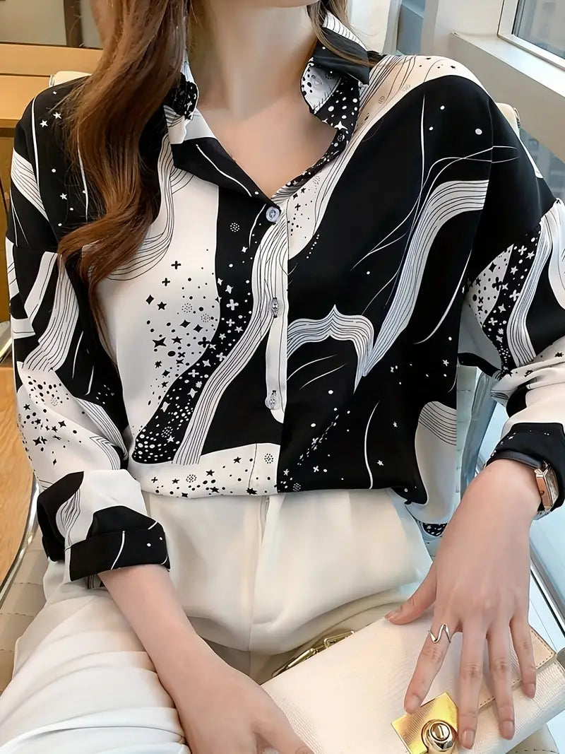 Stars Space Black White Vintage Style Satin Soft Silky Shirt