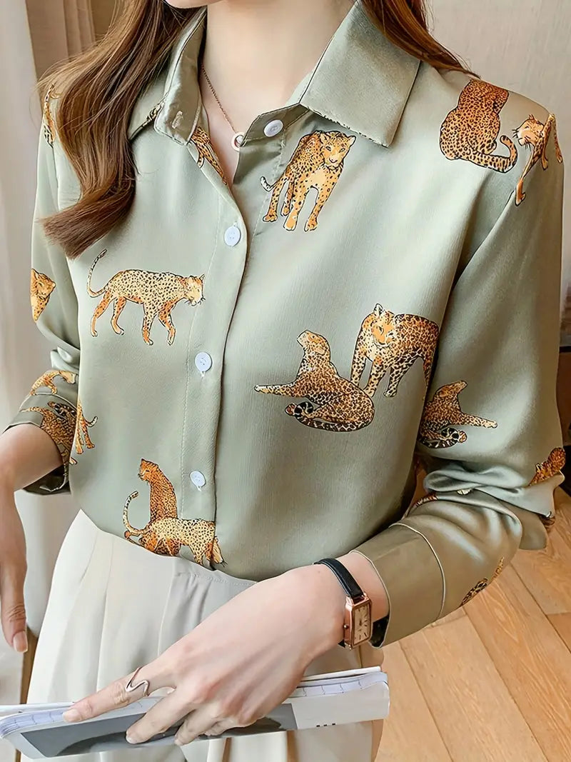 Silky Leopard Tiger Green Animal Print Satin Shirt Soft Silky Animal Print UK
