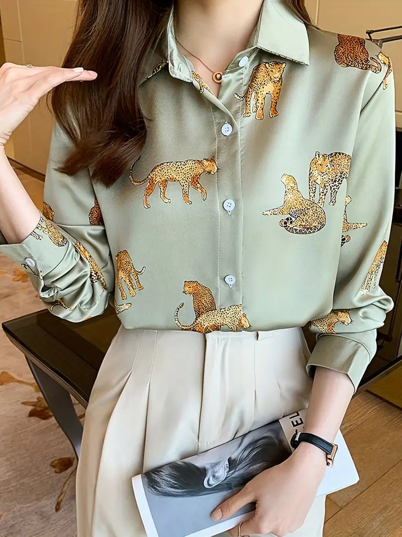 Silky Leopard Tiger Green Animal Print Satin Shirt Soft Silky Animal Print UK
