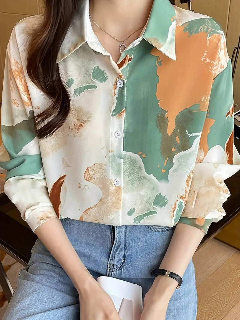 Contrast Colors Clouds Print Satin Shirt Soft Silky Blouse