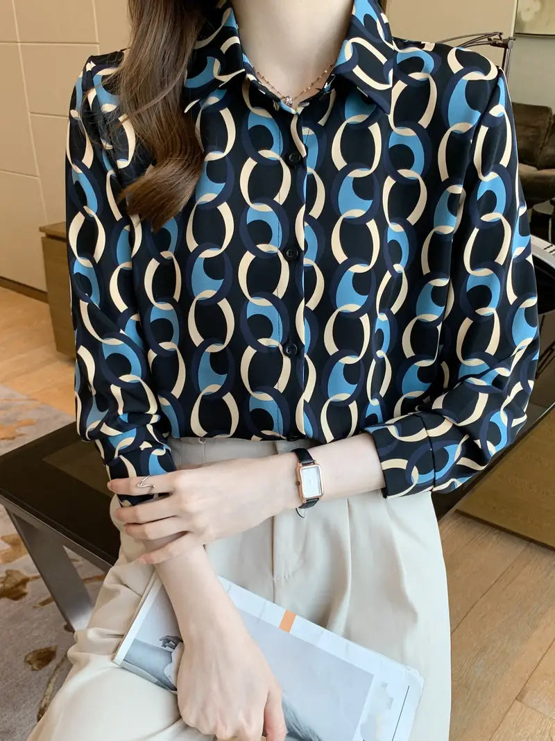 Blue Chain Vintage Style Satin Soft Silky Shirt