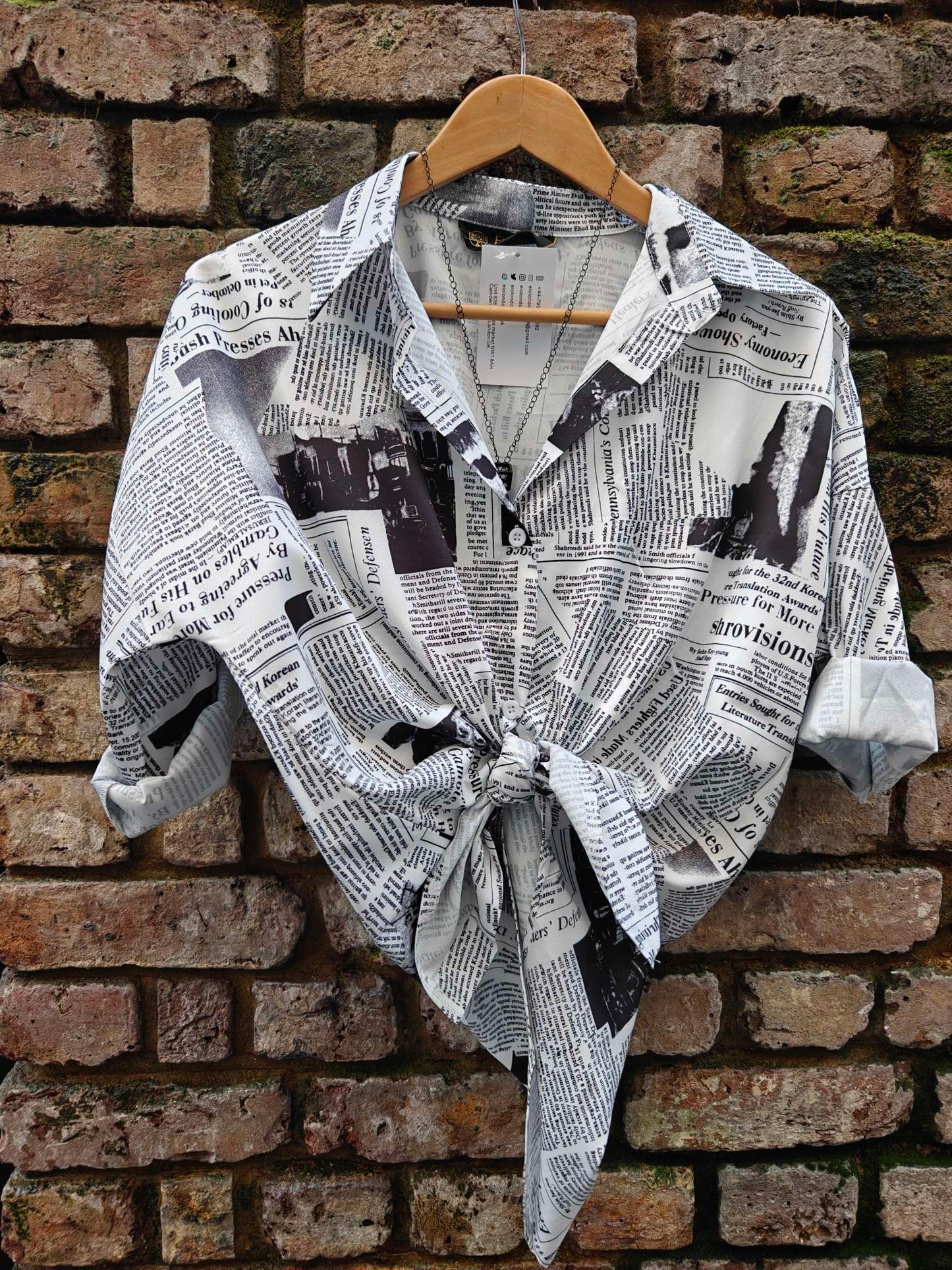 Baggy Black White Newspaper Vintage Style Satin Soft Silky Shirt