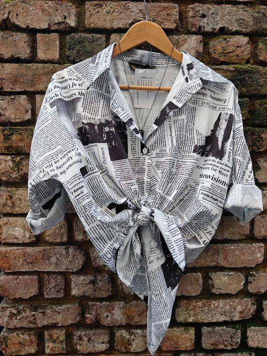Baggy Black White Newspaper Vintage Style Satin Soft Silky Shirt