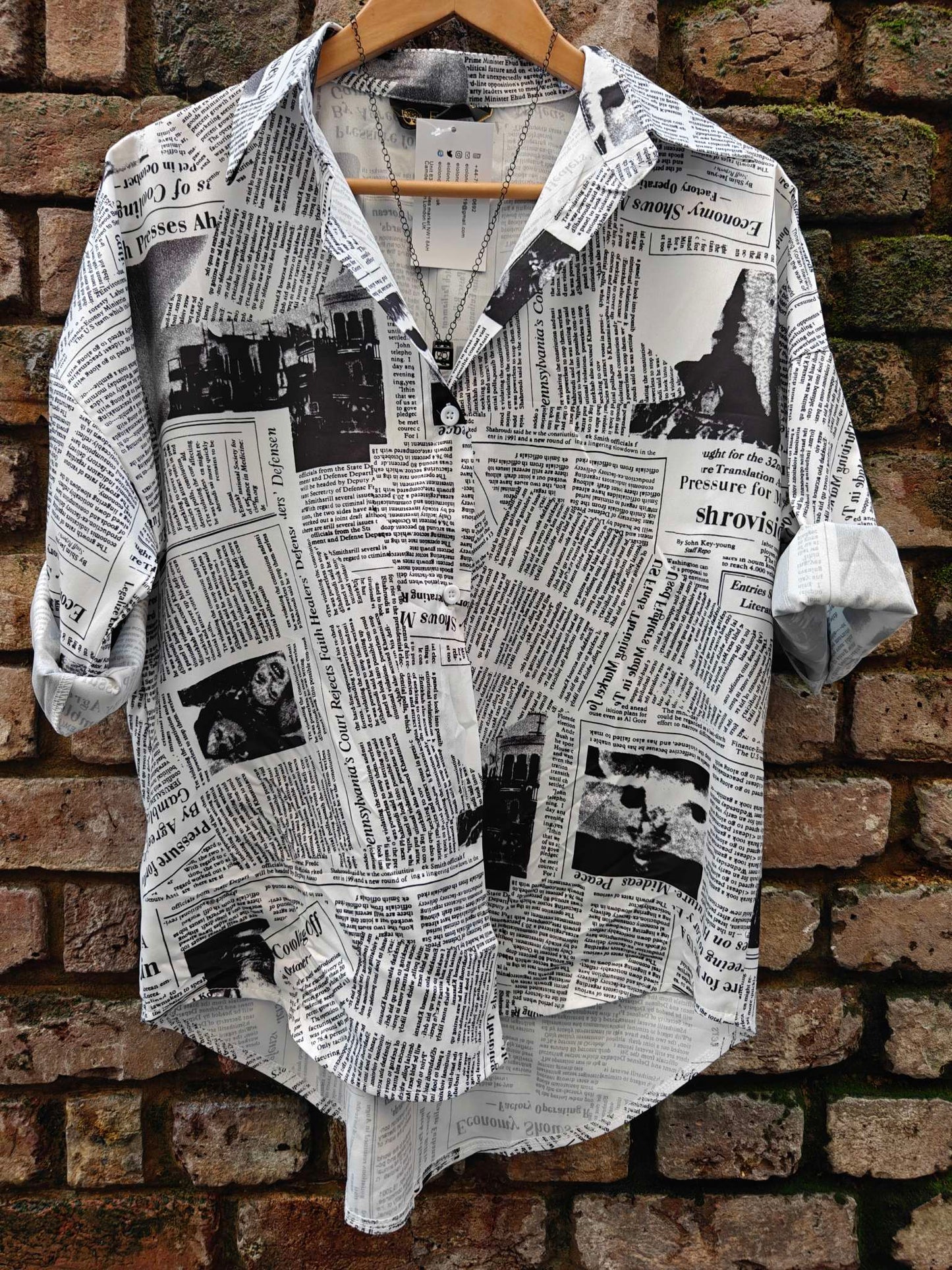Baggy Black White Newspaper Vintage Style Satin Soft Silky Shirt