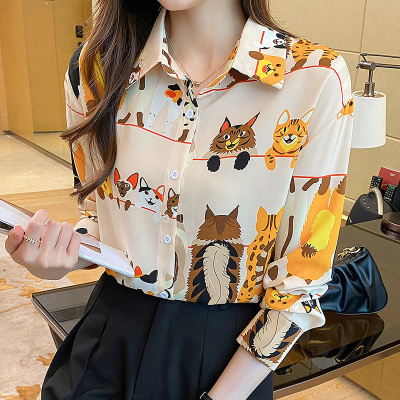 Funky Cats Dogs Orange Vintage Style Satin Soft Silky Shirt