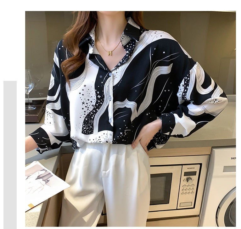 Stars Space Black White Vintage Style Satin Soft Silky Shirt
