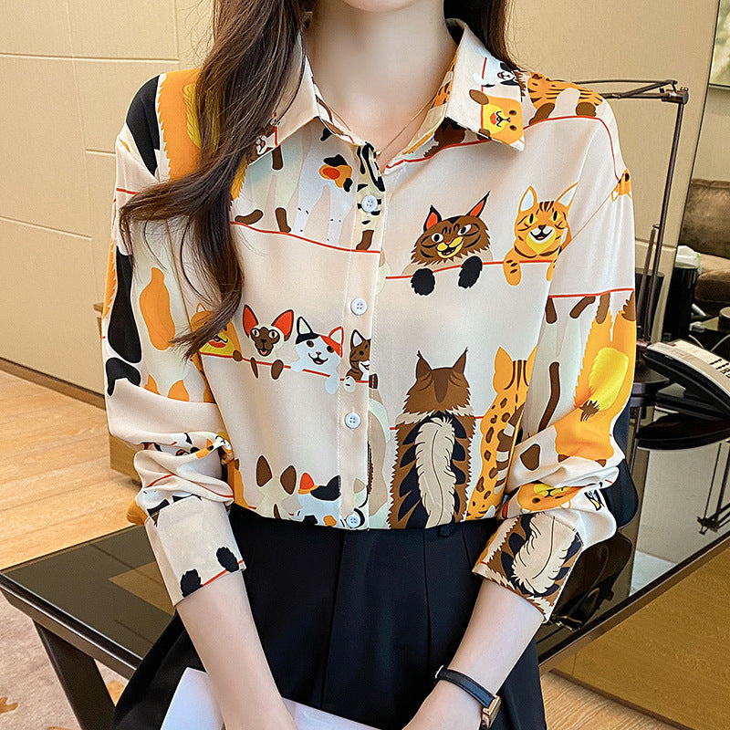 Funky Cats Dogs Orange Vintage Style Satin Soft Silky Shirt